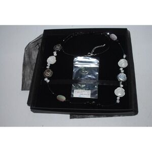 Onyx Hematite Pearl Flower Shell Necklace w/ Sterling Clasp Clair De Bleu